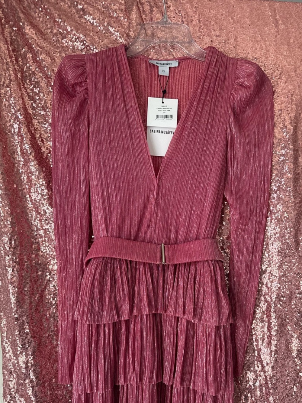 Sabina Musayev Rose Metallic Pleated Tiered V‑Neck Long Sleeve Dress